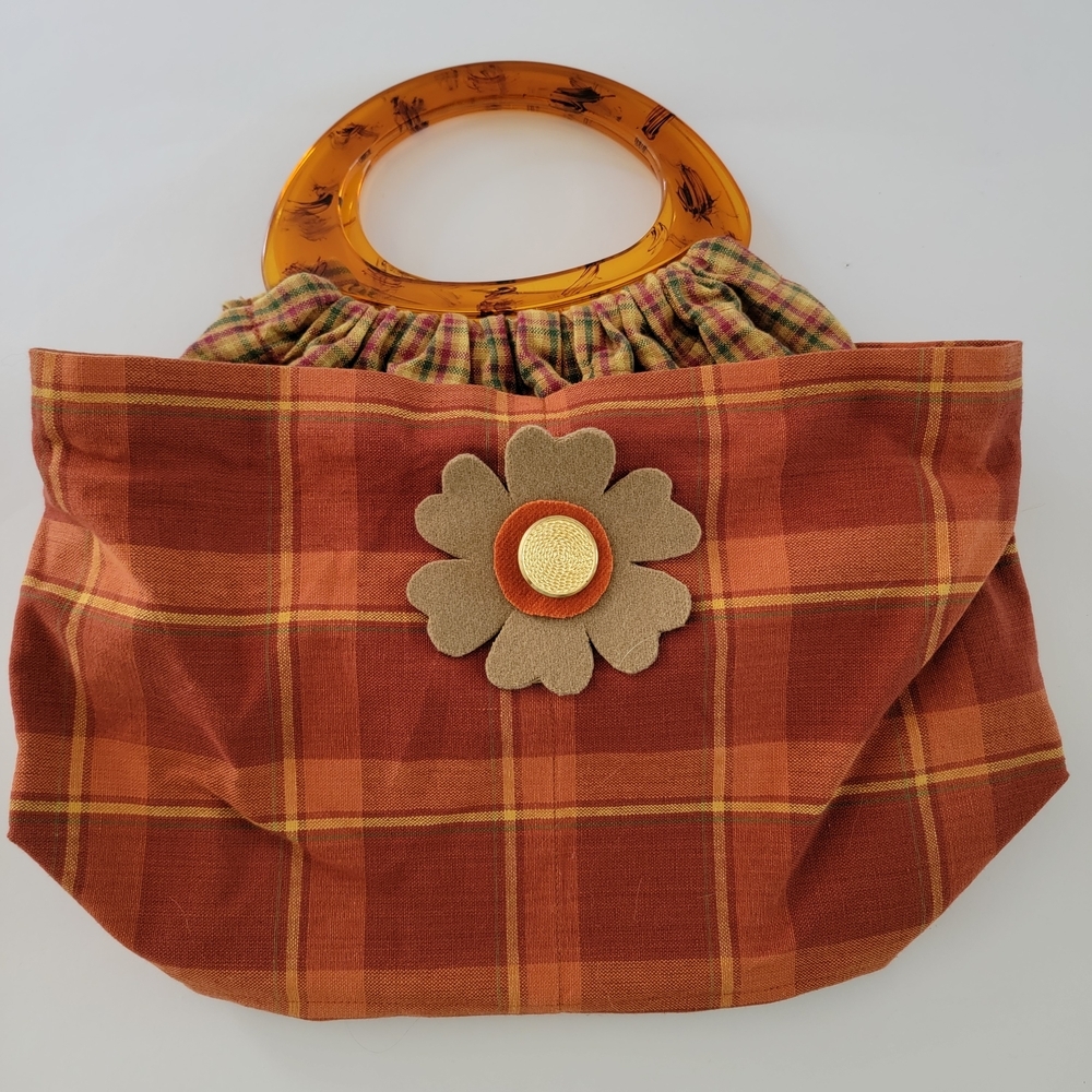 Hand Crafted Orange Brown Plaid Tartan Clutch Purse Handbag Acrylic Handles